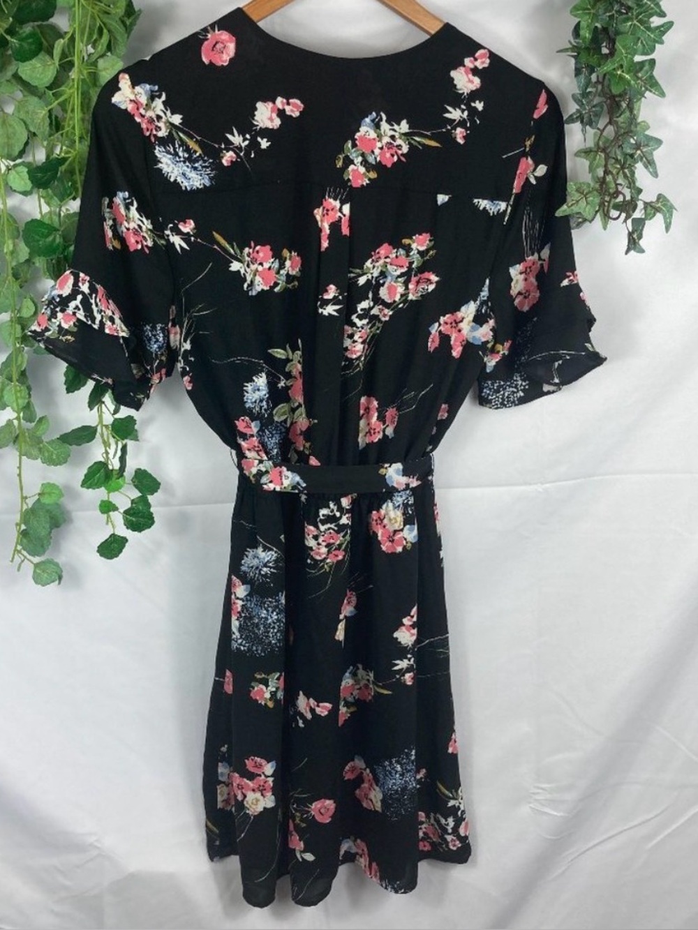 DR2 Black Floral Belted Women's Dress